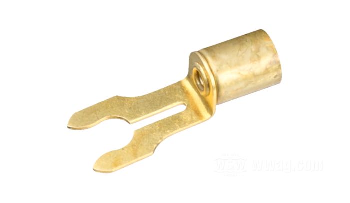 Anschlussklemme »Gabel-Öffnung« von Brillman; für 7 mm Zündkabel; zum Anlöten; Messing, blank; Länge: 29 mm; USA; Bruttogewicht: 1 g