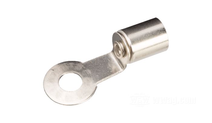 Anschlussklemme »Ringöse« von Brillman; für 7 mm Zündkabel; zum Anlöten; Messing, vernickelt; Länge: 28 mm; Ø 5 mm; USA; Bruttogewicht: 2 g