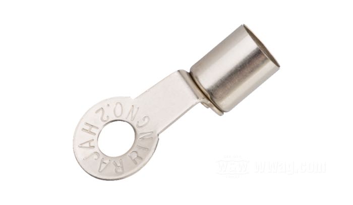 Anschlussklemme »Ringöse« von Brillman; für 7 mm Zündkabel; zum Anlöten; Messing, vernickelt; Länge: 28 mm; Ø 5 mm; USA; Bruttogewicht: 2 g