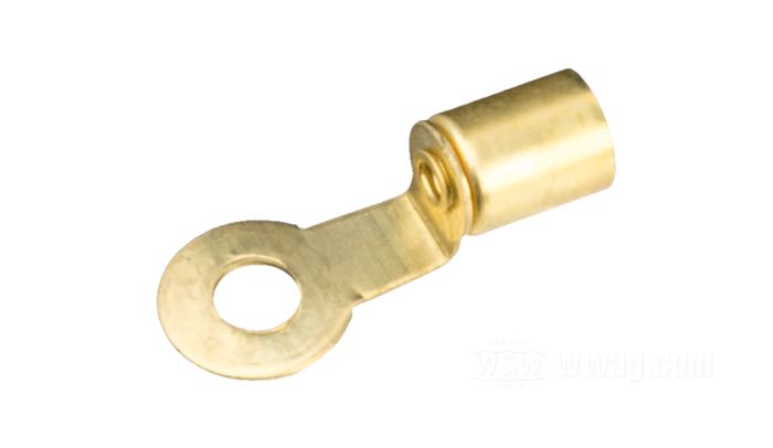 Anschlussklemme »Ringöse« von Brillman; für 7 mm Zündkabel; zum Anlöten; Messing, blank; Länge: 28 mm; Ø 5 mm; USA; Bruttogewicht: 2 g