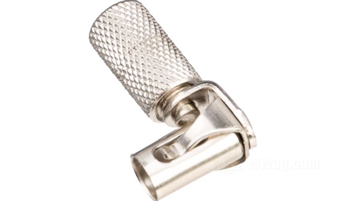 Anschlussklemme »Schnapp-Typ« von Brillman; für 7 mm Zündkabel; zum Verschrauben; Messing, vernickelt, 90°; Länge: 27 mm; USA; Bruttogewicht: 8 g