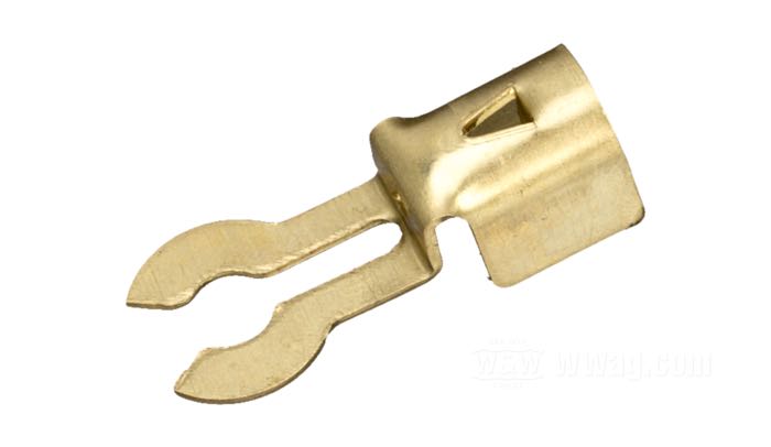 Anschlussklemme »Gabel-Öffnung« von Brillman; für 7 mm Zündkabel; zum Crimpen; Messing, blank; Länge: 30 mm; USA; Bruttogewicht: 3 g