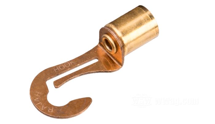 Anschlussklemme »Haken-Öffnung« von Brillman; für 7 mm Zündkabel; zum Anlöten; Messing, Kupfer; Länge: 32 mm; USA; Bruttogewicht: 2 g