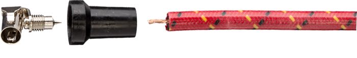 Anschlussklemme »Schnapp-Typ« von Brillman; für 7 mm Zündkabel; zum Verschrauben; Messing, Kunststoff, vernickelt, 90°; Länge: 33 mm; USA; Bruttogewicht: 9 g