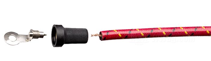 Anschlussklemme »Ringöse« von Brillman; für 7 mm Zündkabel; zum Verschrauben; Messing, vernickelt; Länge: 40 mm; Ø 5 mm; USA; Bruttogewicht: 8 g