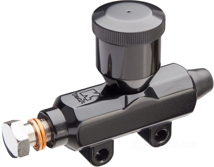 Pompa freno di Kustom Tech; alluminio billet, anodizzato nero, distanza dei fori di fissaggio: 30 mm; L x L x A: 82 x 31 x 68.5 mm; Ø pistone idraulico: 14 mm; liquido di freno obbligatorio: DOT 4; con vite cava M10x1 e 2 rondelle di rame; Italia; peso lordo: 153 g
