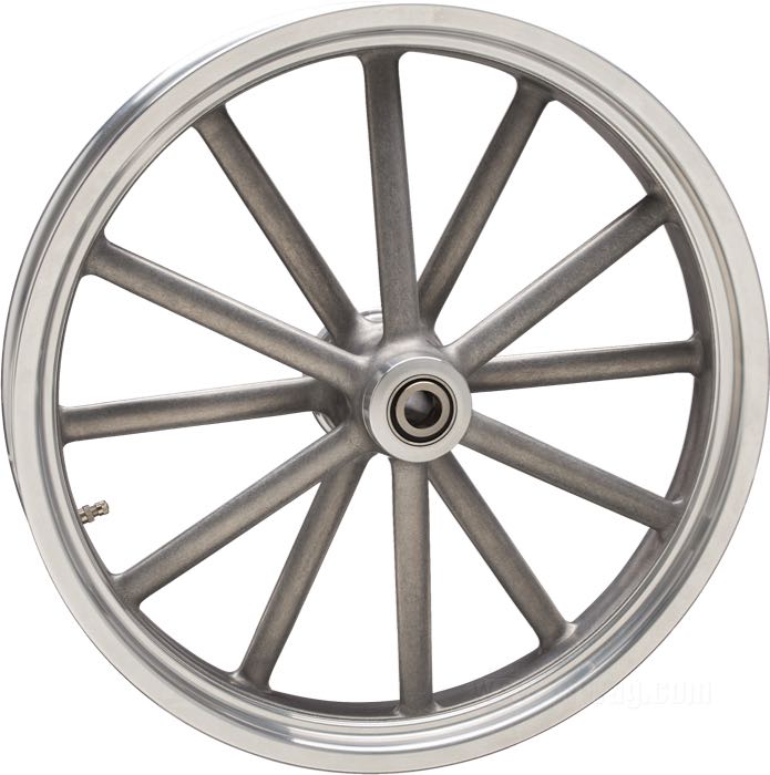 Front wheel »MAG-12« by Cannonball; cast aluminum, tumble polished; adapted front hub FX/XL 2008→ type SF; Ø centering collar: 50 mm; single flange 5/16”-18 threads; 2.5x19 ”; matching axle Ø: 25 mm; metal valve in center; with parts certificate, JWL (JASO) approved; Germany; gross weight: 7.4 kg