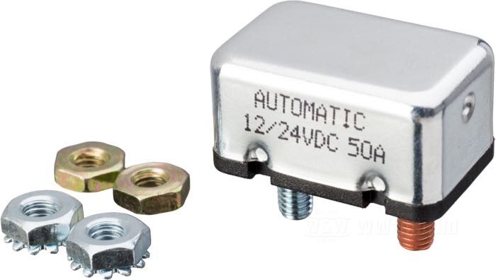 Fusible bimétallique; adaptable à Touring 1994, FLHR 1995-1996, FLHR-I 1996, Sportster 1994-1996; zingué, boulon côté batterie cuivré; 50 A; remplace OEM HD 74600-94; poids brut: 20 g