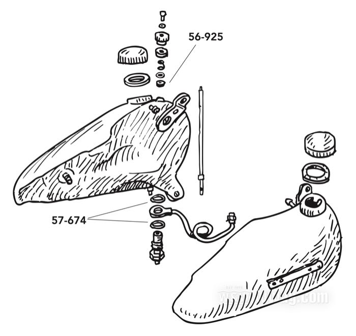Rondella di tenuta di James Gaskets; per Rubinetto benzina / Condotto benzina; atto per Big Twin 1940-1965; ottone; Punto installazione: inferiore; rimpiazza OEM HD 62085-40; peso lordo: 2 g