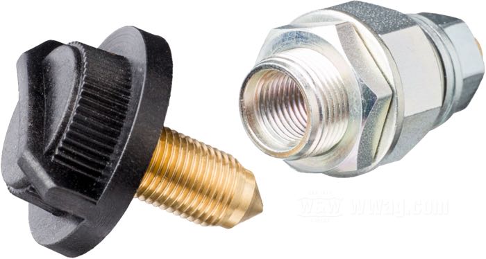 Battery switch »Kill Bill« by Bates; steel, zinc plated, terminal: M8 x 1.25, mount: M14 x 1, thumb screw: M10 x 1; length: 56 mm; 75 A; with Bakelite thumb screw; gross weight: 80 g
