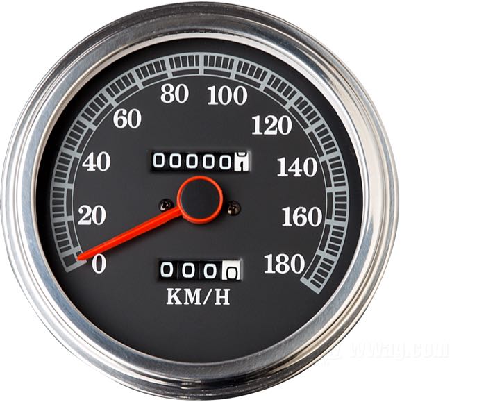 Cuentakilómetros mecánico »1980→ Style«; Ø 4-1/4”; rosca: M12 x 1.0; transmisión: 1400 rpm = 60 km/h; →180 km/h; con vaina de soporte y botón retrocedor; peso bruto: 475 g