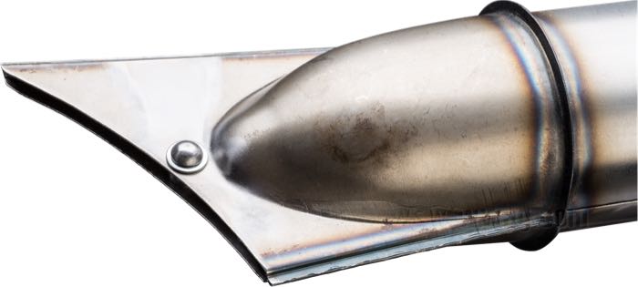 Muffler »Rocket Fin« by The GasBox; fits Knucklehead/Flathead BT/Panhead 1941-1949; steel, bare, with botton seam; length: 69 cm; header Ø: 1-3/4”; muffler Ø: 3-1/4 ”; replaces OEM HD 1034-41; USA; gross weight: 1.85 kg