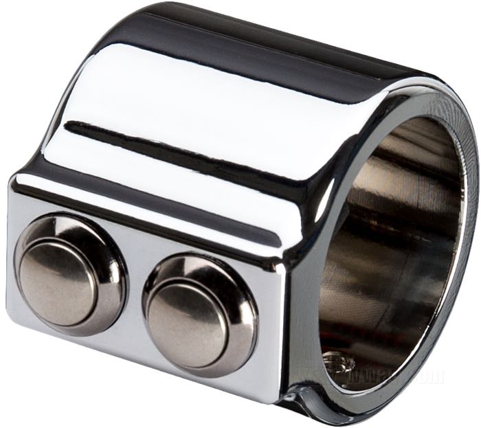 Tasterklemme »Mini«; für Hupe / Blinker (einzeln) / Startermotor; für 1” Lenker; mit zwei Tastern; Billet-Aluminium / Edelstahl, verchromt; Breite: 30 mm; Ø 34 mm; mit Kabeln (75 cm lang), Madenschrauben und Innensechskantschlüssel; Bruttogewicht: 73 g