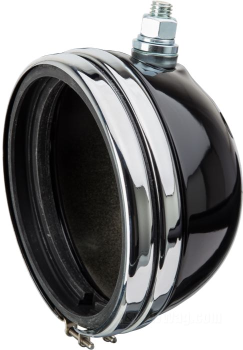 Headlight housing; fits Sportster 1975-1981, FX 1975-1986; steel, black; depth: 95 mm; Ø 152 mm; for headlight insert (Ø): 5-3/4”; replaces OEM HD 67705-74; Taiwan; gross weight: 614 g