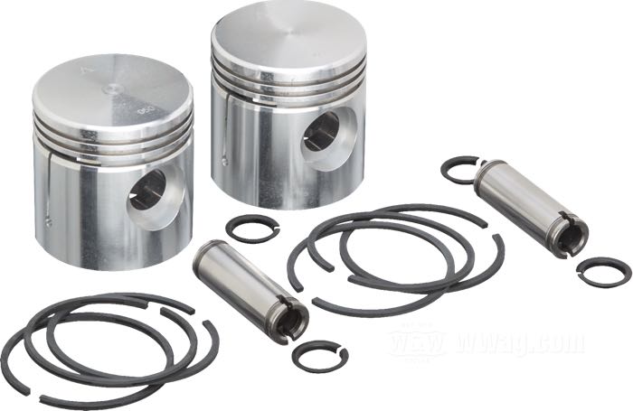 Pistons; adaptable à 45”/750cc modèles D, R, W et G 1929-1973; aluminium; Ø 70.95 mm; taille: +0.050 ”; alésage nominal: 2-3/4 ”; avec leurs segments, leurs axes et leurs goupilles; remplace OEM HD 22257-29; poids brut: 800 g