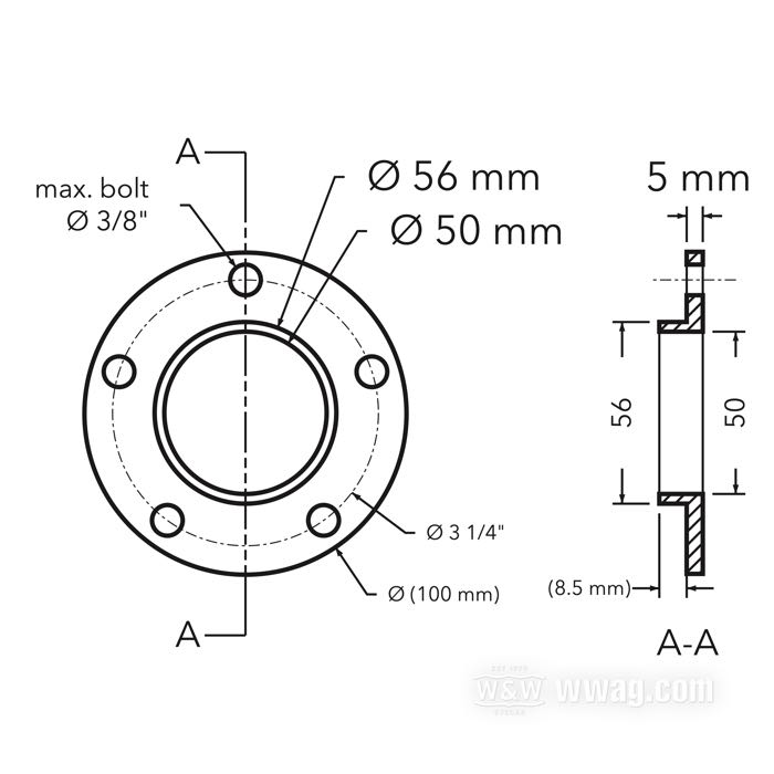 Bifunctional wheel hub flange offset spacer / centering collar extender by T.T.S.; for Rear sprocket / Pulley / Brake rotor; billet aluminum; hub centering collar Ø modification: 50→56 mm; outer Ø: 100 mm; offset: 5 mm; max. Ø of mounting bolts: 3/8”; gross weight: 110 g