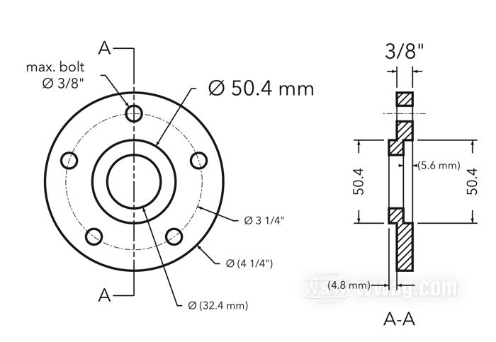 Flansch-Versatzscheibe von CPV; für Bremsscheibe; passend für Modelle 1973-1999 außer FX/XL mit schmaler Vorderradnabe 1973-1983; Billet-Aluminium; Ø Zentrierbund: 50 mm; Außen-Ø: 108 mm; Versatz: 3/8 ”; max. Ø der Montageschrauben: 3/8”; Bruttogewicht: 230 g