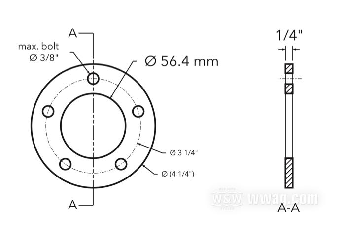 Flansch-Versatzscheibe von CPV; für Bremsscheibe; passend für Modelle 2000→; Billet-Aluminium; Ø Zentrierbund: 56 mm; Außen-Ø: 108 mm; Versatz: 1/4 ”; max. Ø der Montageschrauben: 3/8”; Bruttogewicht: 130 g