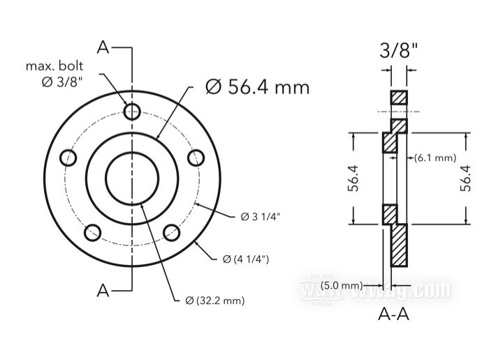 Flansch-Versatzscheibe von CPV; für Bremsscheibe; passend für Modelle 2000→; Billet-Aluminium; Ø Zentrierbund: 56 mm; Außen-Ø: 108 mm; Versatz: 3/8 ”; max. Ø der Montageschrauben: 3/8”; Bruttogewicht: 230 g