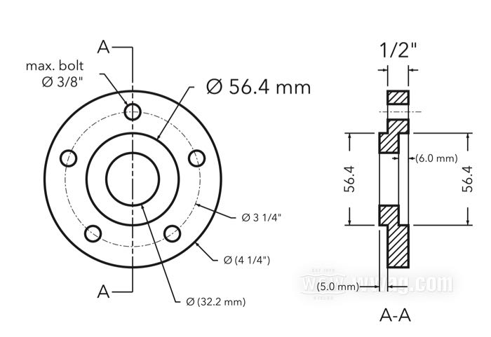 Flansch-Versatzscheibe von CPV; für Bremsscheibe; passend für Modelle 2000→; Billet-Aluminium; Ø Zentrierbund: 56 mm; Außen-Ø: 108 mm; Versatz: 1/2 ”; max. Ø der Montageschrauben: 3/8”; Bruttogewicht: 300 g