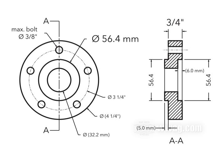 Flansch-Versatzscheibe von CPV; für Bremsscheibe; passend für Modelle 2000→; Billet-Aluminium; Ø Zentrierbund: 56 mm; Außen-Ø: 108 mm; Versatz: 3/4 ”; max. Ø der Montageschrauben: 3/8”; Bruttogewicht: 430 g