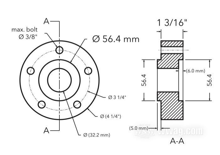 Flansch-Versatzscheibe von CPV; für Bremsscheibe; passend für Modelle 2000→; Billet-Aluminium; Ø Zentrierbund: 56 mm; Außen-Ø: 108 mm; Versatz: 1-3/16 ”; max. Ø der Montageschrauben: 3/8”; Bruttogewicht: 700 g
