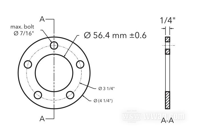 Distanziale di flangia mozzo di CPV; per Corona a catena / Puleggia; atto per modelli 2000→; alluminio billet; Ø collare centraggio: 56 mm; Ø esterno: 4-1/4 ”; disassamento: 1/4 ”; max. Ø viti di montaggio: 7/16