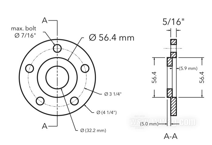 Wheel hub flange offset spacer by CPV; for Rear sprocket / Pulley; fits models 2000→; billet aluminum; Ø centering collar: 56 mm; outer Ø: 4-1/4 ”; offset: 5/16 ”; max. Ø of mounting bolts: 7/16