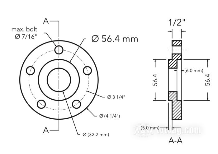 Flansch-Versatzscheibe von CPV; für Kettenrad / Riemenrad; passend für Modelle 2000→; Billet-Aluminium; Ø Zentrierbund: 56 mm; Außen-Ø: 4-1/4 ”; Versatz: 1/2 ”; max. Ø der Montageschrauben: 7/16