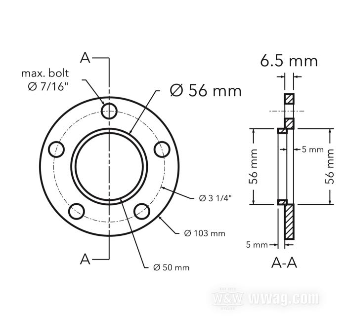 Distanziale di flangia mozzo di Rick’s; per Puleggia / Disco di freno; alluminio billet; Ø collare centraggio: 56 mm; Ø esterno: 103 mm; disassamento: 6.5 mm ”; max. Ø viti di montaggio: 7/16