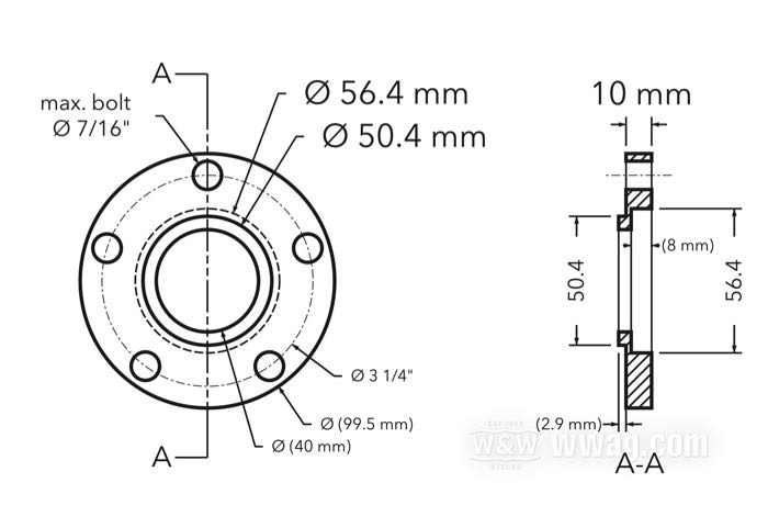 Bifunctional wheel hub flange offset spacer / centering collar reducer by HPU; for Rear sprocket / Pulley; billet aluminum; hub centering collar Ø modification: 56→50 mm; outer Ø: 99.5 mm; offset: 10 mm; max. Ø of mounting bolts: 7/16