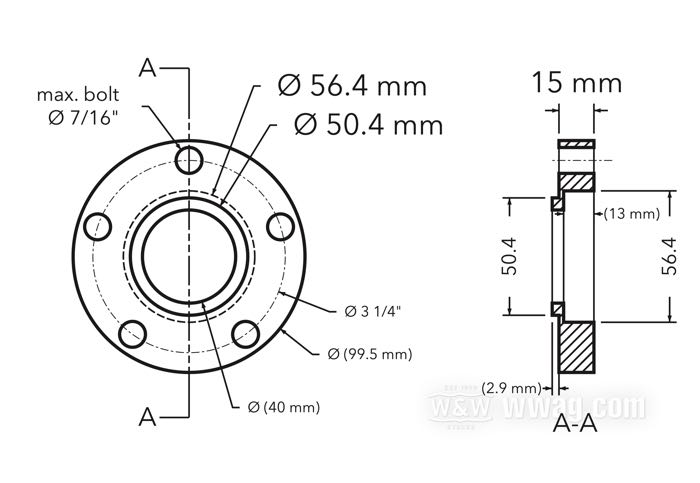Espaciadore de brida buje / reductore del cuello de centrado de HPU; para Corona de cadena / Polea; aluminio macizo; modificación Ø cuello de centrado buje: 56→50 mm; Ø externo: 99.5 mm; desplazamiento: 15 mm; max. Ø tornillos de montaje: 7/16