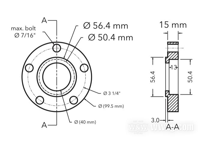 Espaciadore de brida buje / expansore del cuello de centrado de HPU; para Corona de cadena / Polea; aluminio macizo; modificación Ø cuello de centrado buje: 50→56 mm; Ø externo: 99.5 mm; desplazamiento: 15 mm; max. Ø tornillos de montaje: 7/16