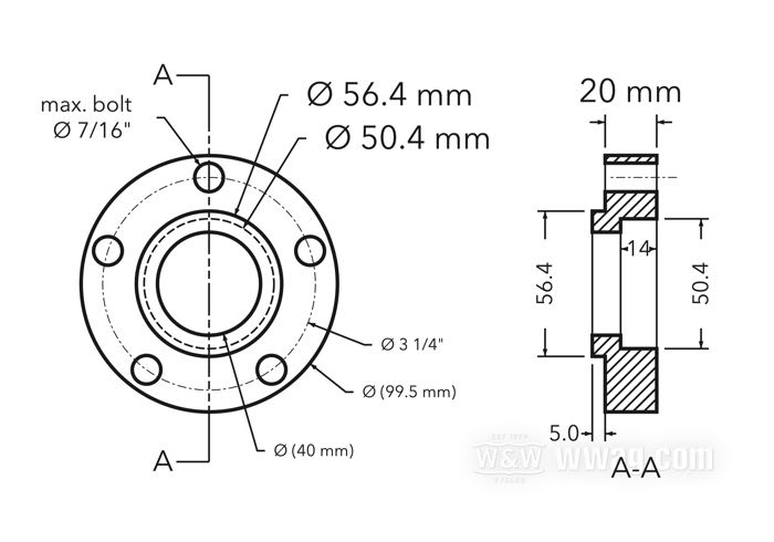 Espaciadore de brida buje / expansore del cuello de centrado de HPU; para Corona de cadena / Polea; aluminio macizo; modificación Ø cuello de centrado buje: 50→56 mm; Ø externo: 99.5 mm; desplazamiento: 20 mm; max. Ø tornillos de montaje: 7/16