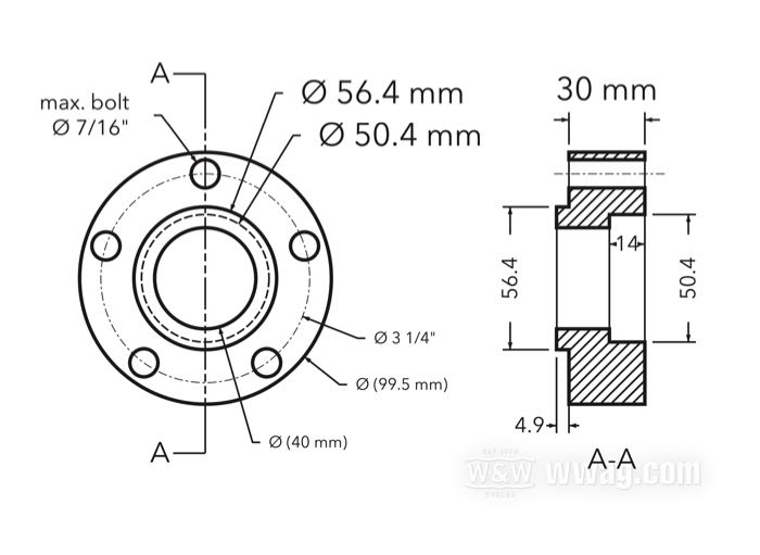 Distanziatore di flangia mozzo / espansore di collare centraggio di HPU; per Corona a catena / Puleggia; alluminio billet; modifica Ø di collare centraggio mozzo: 50→56 mm; Ø esterno: 99.5 mm; disassamento: 30 mm; max. Ø viti di montaggio: 7/16