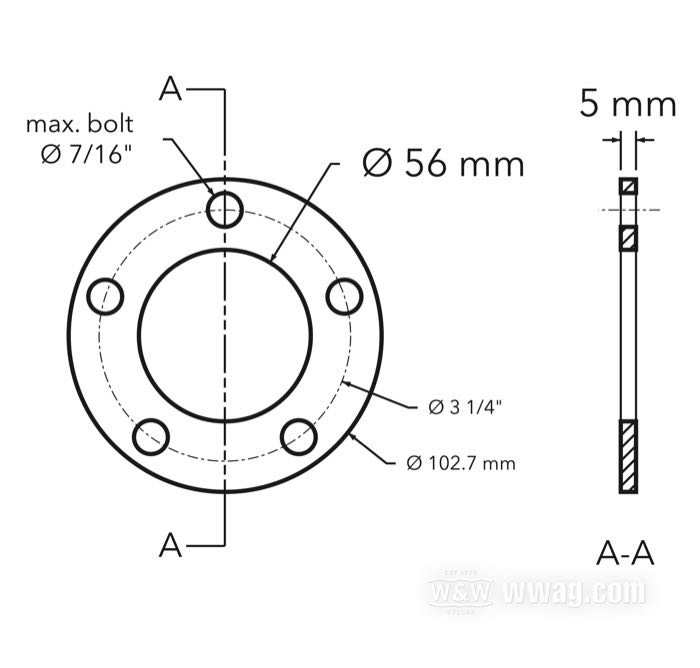 Wheel hub flange offset spacer; for Rear sprocket / Pulley; fits models 2000→; billet aluminum; Ø centering collar: 56 mm; outer Ø: 102.7 mm; offset: 5 mm; max. Ø of mounting bolts: 7/16