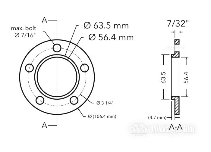 Nabenflasch Versatz-Spacer / Zentrierbund-Erweiterungsstück in einem von Performance Machine; für PM Kettenräder und Riemenscheiben mit Ø 63,5 mm Zentrierung; passend für Modelle 2000→; Billet-Aluminium; Nabenzentrierbund-Ø Änderung: 50→63.5 mm; Außen-Ø: 106.4 mm; Versatz: 7/32 ”; max. Ø der Montageschrauben: 7/16