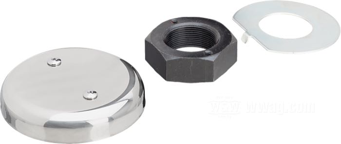 Dado sterzo di Colony; atto per Wide Glide forks 1949-2017, ecc. FLST, senza ammortizzatore di sterzo OEM; acciaio / acciaio inox; con coperchio, viti e rondella di sicurezza; rimpiazza OEM HD 45718-60 e 45717-63; U.S.A.; peso lordo: 140 g