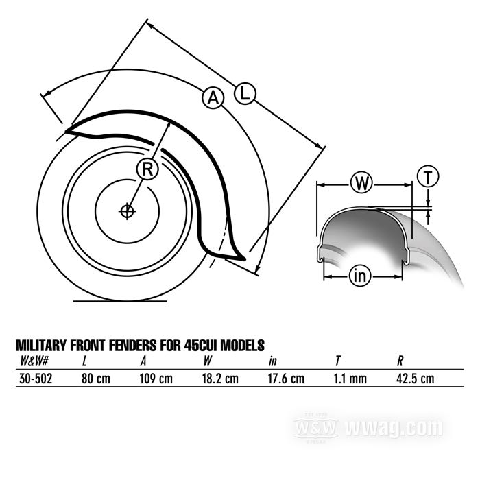Vorderradschutzblech »Military«; passend für 750er WLA und XA Modelle 1940-1945, außer Servi-car, WLC; Stahl, blank; ersetzt OEM HD 3702-40M und 3702-42M; Bruttogewicht: 3.6 kg