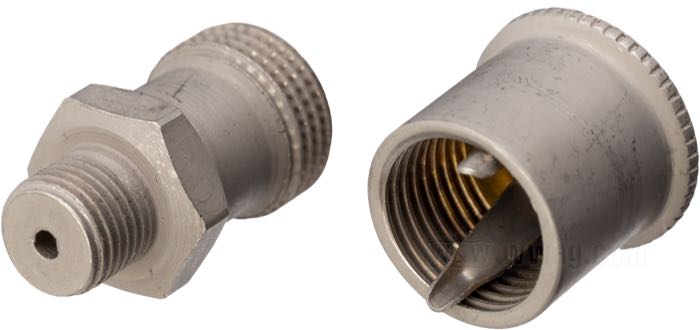 Grease cup by Antiquebike; for IOE Springer Forks; fits all models 1915-1923; brass, dull nickel-plated; thread: 5/16”-32; replaces OEM HD 2647-15; Sweden; gross weight: 18 g