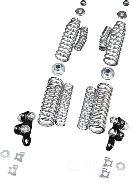 Forcella Springer »Classic Inline Builder« di Samwel Supplies; atto per Knucklehead E 1936, Big Twin 1937-inizi 1946; acciaio, naturale, filettatura interna di testa sterzo: 3/4”-14 UNS, filettatura esterna di testa sterzo: 1”-24 UNS, molle cromate; lunghezza: 48.5 cm; rake G: 0 °; sovra-/sottomisura: originale; rimpiazza OEM HD 2601-36 e 45515-36; con documentazione del materiale; Europa; peso lordo: 14.3 kg
