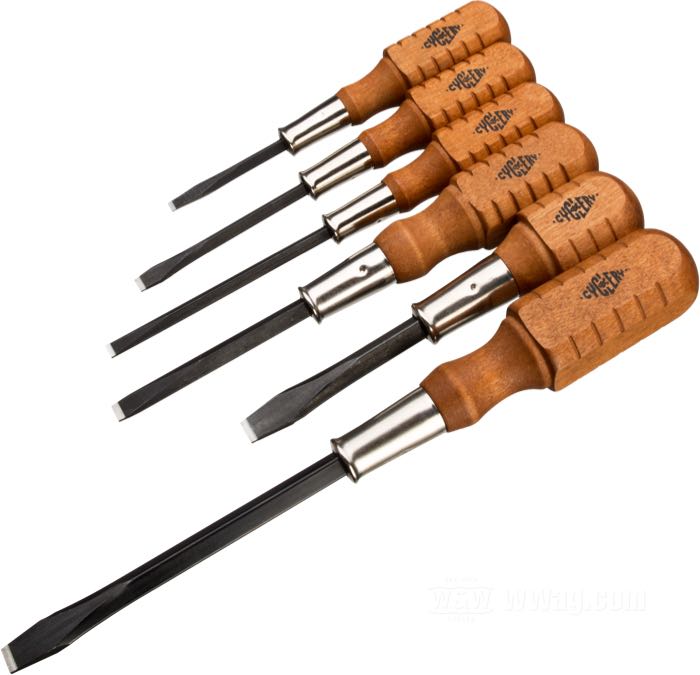 Set di cacciaviti di The Cyclery; acciaio cromo-vanadium / legno duro, brunito; 6 pezzi; con cofanetto di legno e panno ricamato; U.S.A.; peso lordo: 1.12 kg