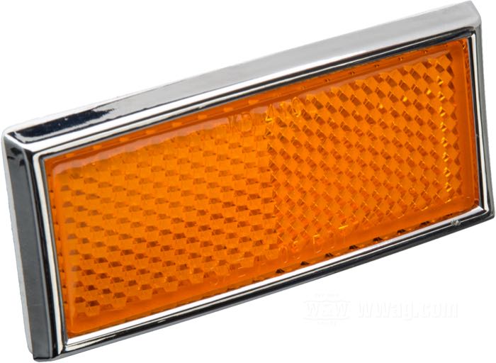 Catarifrangente; atto per modelli 1972-1990; plastica / vetro acrilico, arancione; lunghezza x larghezza: 76 x 35 mm; rimpiazza OEM HD 59254-72; omologato DOT; U.S.A.; peso lordo: 10 g