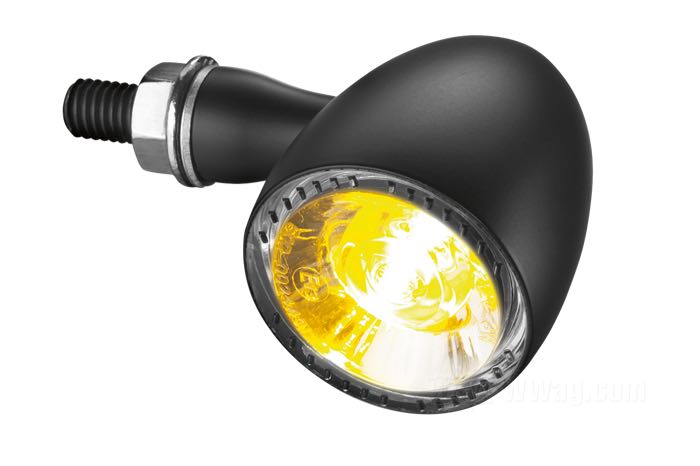 Turn signal »Bullet 1000 PL« by Kellermann; aluminum / acrylic glass, black, with white position light ring; depth: 50 mm; Ø 39 mm; bulb type: LED; thread: M8; 12 V; 1.5/1.5 W; position: front; E13 approved; Germany; gross weight: 178 g