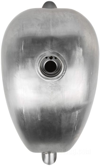 Depósito de gasolina »Frisco P-Nut« de Lowbrow Customs; acero, natural; volumen: 7.5 l; tapón necesario: 1 x ventilado / screw-in 1983→; grifo de gasolina necesario: 2 x 1/4” NPT; peso bruto: 2.69 kg