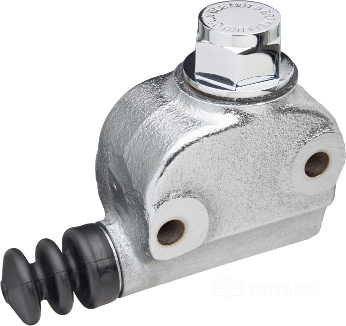 Brake master cylinder »Lockheed-Wagner«; fits FL/FLH/FX 1958-1972; cast iron, chrome-plated / cast finish; L x W x H: 108 x 44 x 97 mm; piston Ø: 3/4” (19 mm); required brake fluid: DOT 5; with valve 41773-58 and disc; replaces OEM HD 41761-58; gross weight: 1.01 kg