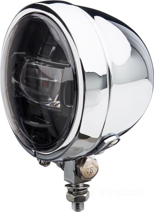 Zusatzscheinwerfer komplett von SpeedFire; Stahl, verchromt; Länge: 111 mm; Ø 119 mm; für Scheinwerfereinsatz (Ø): 4-1/2”; Glühlampen-Typ: LED; 12 V; 17 W; mit getöntem LED Lampeneinsatz; mit Montageblock; Bruttogewicht: 857 g