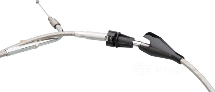 Cavo chiusura Cruise Control di Barnett; atto per FLHRS/-I 2004-2007; acciaio, treccia in guaina trasparente; angolazione raccordo: 90°; connettore superiore: .220