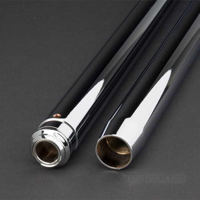 Tubos de horquilla; apropiado para Sportster y FXRS 1984-1a serie de 1986, FXE 1984, FXEF 1985, FXR 1a serie de 1986, FXRT 1983-1a serie de 1986, FXSB 1984-1985; acero, cromado a brillo; largo: 546 mm; Ø 35 mm; sobra/acortamiento: -2 ” / FXRT y FXSB: -4 ”; peso bruto: 4.43 kg