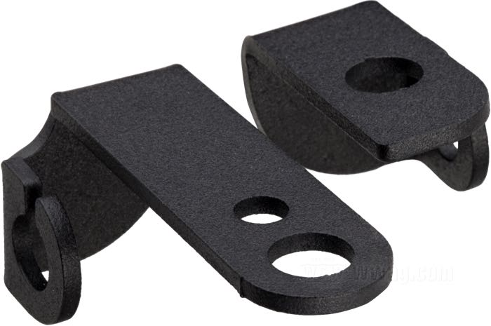 Soporte; para Intermitentes; apropiado para Twin Cam; montaje a los soportes de los intermitentes de serie; acero, negro, acabado rugoso / recubierto en epoxy; posición: delantero; Francia; peso bruto: 41 g